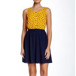 Doe & Rae Yellow & Navy Cat Print Dress
